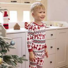 1 set God Jul pyjamas för pojkar, tight passform, långärmad topp och byxor med geometriskt tryck av renar och snöflingor, nattkläder - Multifärgad (6Y,7Y,4Y,5Y)