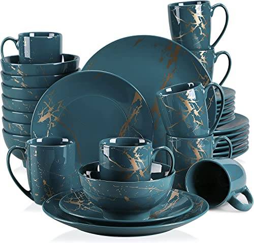 LOVECASA, Serie Sweet, 32 delar porslin middags set färgglasyr med guldpläterat porslin set köksservis med middagstallrikar, desserttallrik, skålar och muggar, servis för 8, mörkgrön