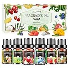AESHORY Fruktig Eteriska Oljor Set 6 x 10ML, 100% Naturlig Aroma Diffuser Olja, Aromaterapi Oljor Doftoljor för Diffusorer, Massage, Tvål - Jordgubbar, Blåbär, Körsbär, Kokosnöt, Vattenmelon, Mango