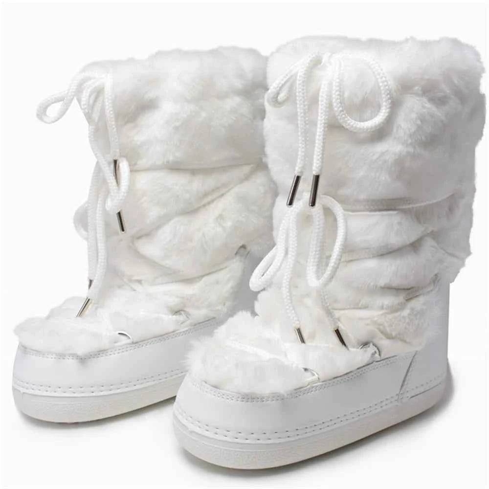 Faux Fox Fur Snow Boots Furry Warm Cotton Boots Female Outdoor Ski Boots - white B2 / 37-38(23.5-24cm)