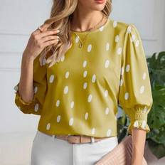Women&#39;s Elegant Butter Yellow Polka Dot Pattern Round Neck Mid-Length Sleeve Blouse, Summer Light Yellow Blouse Yellow Tops For Women Womens Blouses A - Yellow - L,M,S,XL