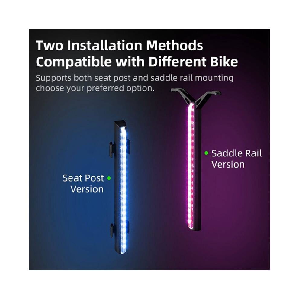 RGB Flowing Bike Taillight 1200mAh Rechargeable IPX4 Waterproof Rail Mount Lamp for Night Riding Post