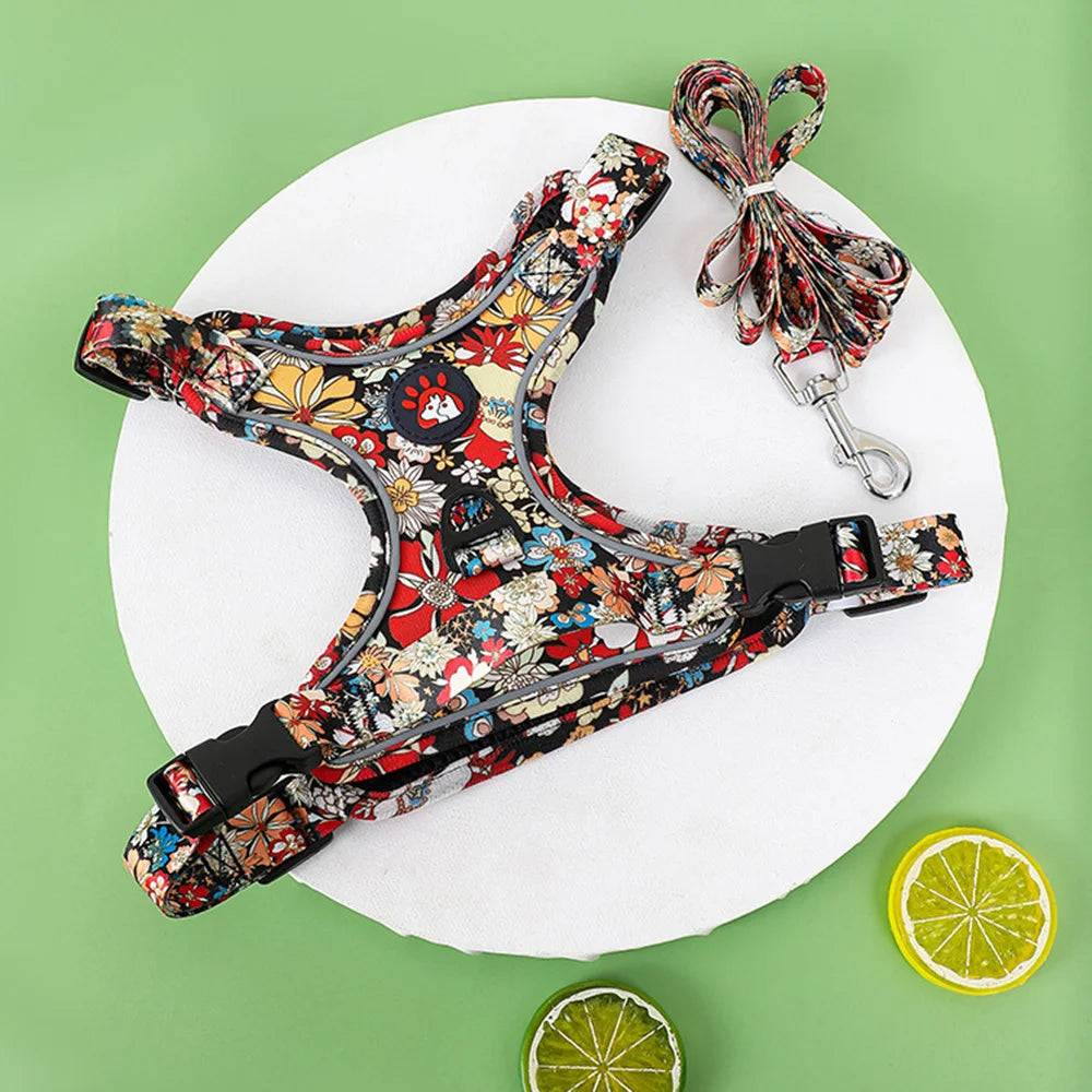 Floral Print Dog Harness & Lead Set with Reflective Strips - Black / L / SPC (L)