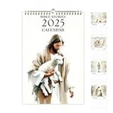 Bibelhistorier 2025 kalender, månadlig bibel-väggkalender, 12 månaders väggkalender, kristna väggkalender 2025, med trådbindning och krok, 2025 kristna bibelhistorier