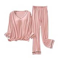 Petite pyjamas dam liten tunika längd toppar byxor med vida ben pläd pyjamas, Het rosa, L