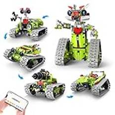 nmoiww Fjärrstyrd byggstensrobotar, fjärrstyrda utbytbara byggstenar - Moon utbytbar robot, 5 i 1 App och fjärrstyrd robot Tank Offroad-fordon (grön)