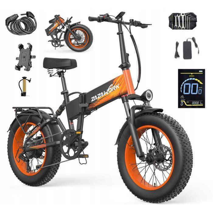 Vikbar Elcykel ZAZAWORK CF1000 - 20 Tum -1000W 48V 20Ah - Fatbike -Hydrauliska Bromsar Svart Orange