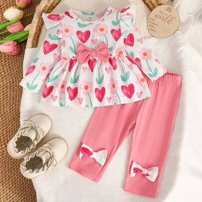 3-delat set för nyfödda flickbebisar med topp och byxor, sött och fint, vitt och rosa med hjärtan, blommor, rosett, volang och peplum, lång ärm, rund - Babyrosa (6-9M,9-12M,0-1M,1-3M,3-6M)