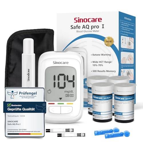 sinocare Blutzuckermessgerät Set, Upgrade Zuckermessgerät mit Teststreifen 100, Glucometer Glucose Monitor Starter und Ältestenbedienung Freundlich (Safe AQ pro I Blutzuckermessgeräte Set 100)