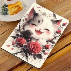 TEMU Adorable Rose Kitten Pattern Tablet Case /a7 Lite/a8/a9/s6 Series - Leather, /wake, Foldable Protective Cover, Foldable Tablet Case|artistic Rose Pattern| Leather Case, Tablet Carrying Case