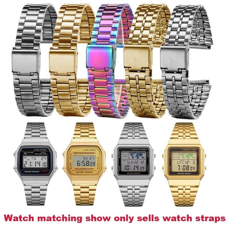 Klocktillbehör i rostfritt stål för Casio A168 A158W AQ-230 LA-680 liten guldklocka med liten fyrkantig fin stålkedja 18 mm beige