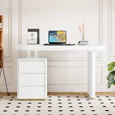 Vitt skrivbord med lådor, fransk modern | Datorskrivbord för kontor, hemmakontor, molnformat | Massivt lackerat skrivbord med förtjockade ben och bord