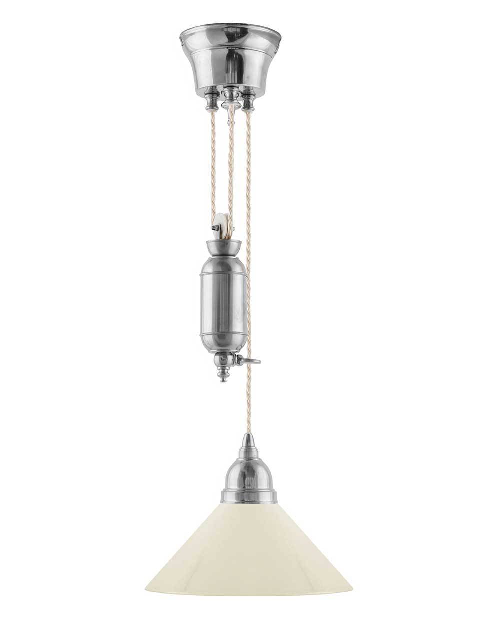 Loftlampe – Skomagerhejs nikkel, benhvid skærm 25 cm