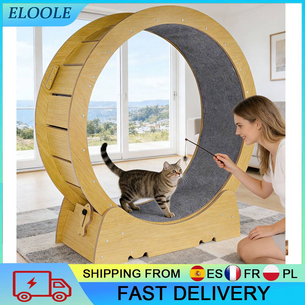 Cat Running Exercise Wheel Treadmill, Ultra-Quiet Wooden Cat Training Toy Carpeted Track With Velcro Attachment For Quiet Day/Night Pet Exercise