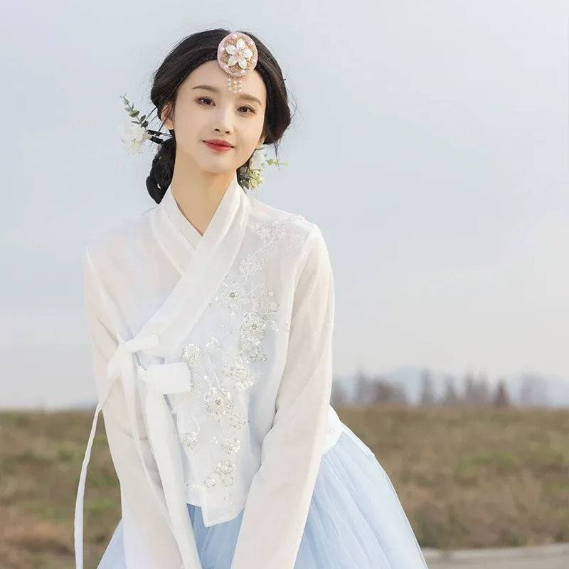 Modern Blue Hanbok Set – Spring/Summer Korean Outfit for Daily Wear & Work - White / XL (XL)
