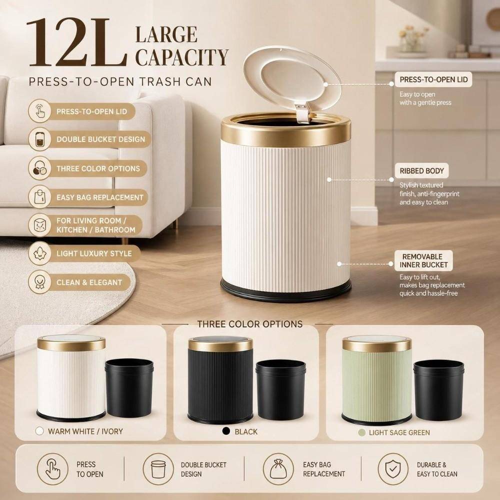 Luktätande 12L Soptunna med Lock Vardagsrumssoptunna Premium Kökssoptunna Hushåll beige