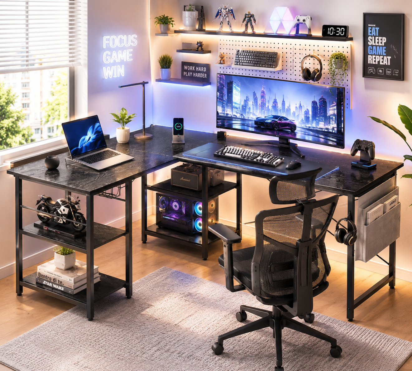 L-shaped gaming desk, black steel frame, double shelf, socket, USB, drawer, 2-in-1, up to 230 cm, office/gaming