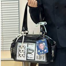 Japanese Harajuku Style Ltabag Large Capacity Cute Bowling Bag Badge Element Female Student Multi-Functional Handbag Cross-Body Bag Backpack - Black - Only the Bag Has No Accessories Badge