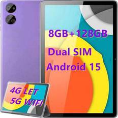 Android-surfplatta 10,1" tum, 4G LTE dubbla SIM-kort, 8 GB RAM, 128 GB lagring, stöd för upp till 1 TB lagring, IPS-pekskärm, dubbla kameror, WiFi/WLA - Violet (8GB+128GB)
