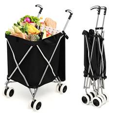COSTWAY Faltbarer Einkaufstrolley mit Rädern, Kapazität 90 L/55 kg, Handwagen mit Abnehmbarer Oxford-Tasche, Einkaufswagen Klappbar, Trolley Tasche mit Griff, zum Einkaufen, Camping (Schwarz)