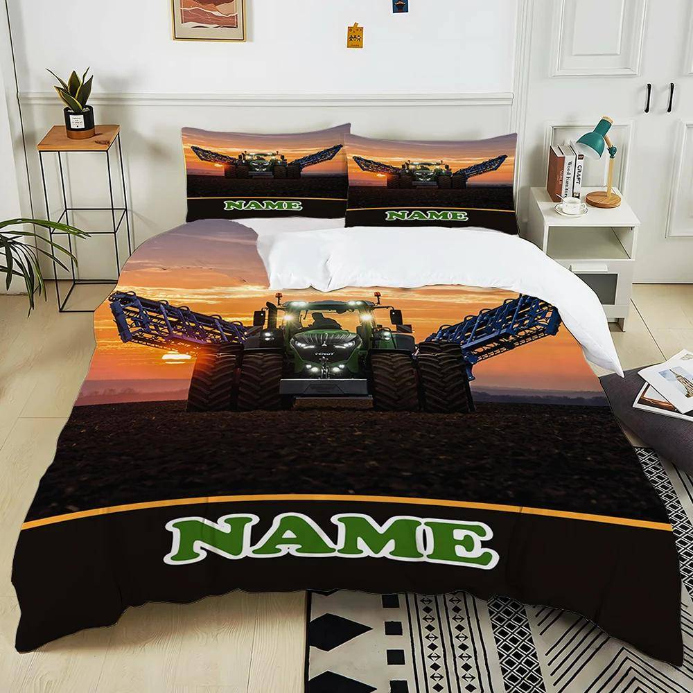 Ny! Personligt anpassat namn Retro Traktormönster Tryckt Säng 3-delat Set Barn Vuxen Mjuk Sängkläder Jul Halloween Present US Twin 173X218cm