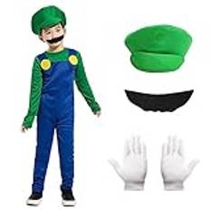 Alaiyaky Mario och Luigi-kostym för vuxna och barn, Mario-dräkt, super-rörmokare, overall, Mario Bros, cosplay-outfit med hatt, mustasch och handskar, Mario-outfit för halloween och karneval (pojkar,