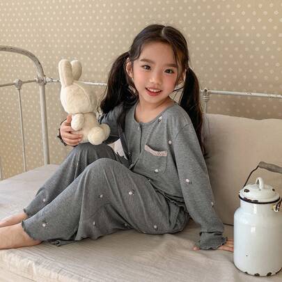 Ung flicka lös passform rund hals nedsänkt axel långärmad avslappnad bekväm loungewear - Grå (6Y,7Y,4Y,5Y)