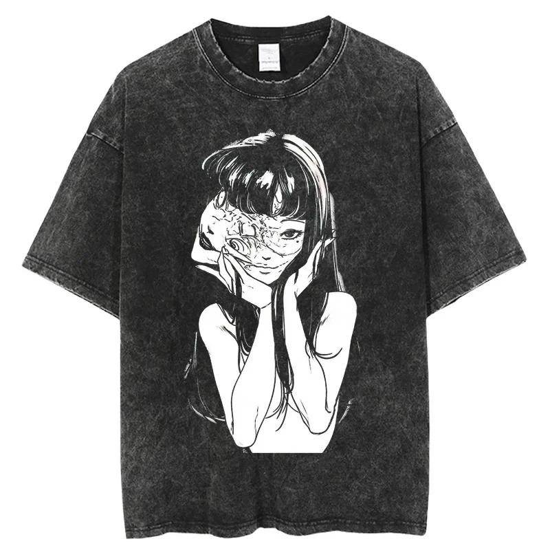 Junji Ito Tomie  Ansiktsdelning  Vintage Tvättad Överdimensionerad T-shirt | Unisex Skräck Manga Streetwear T-shirt cm elfben