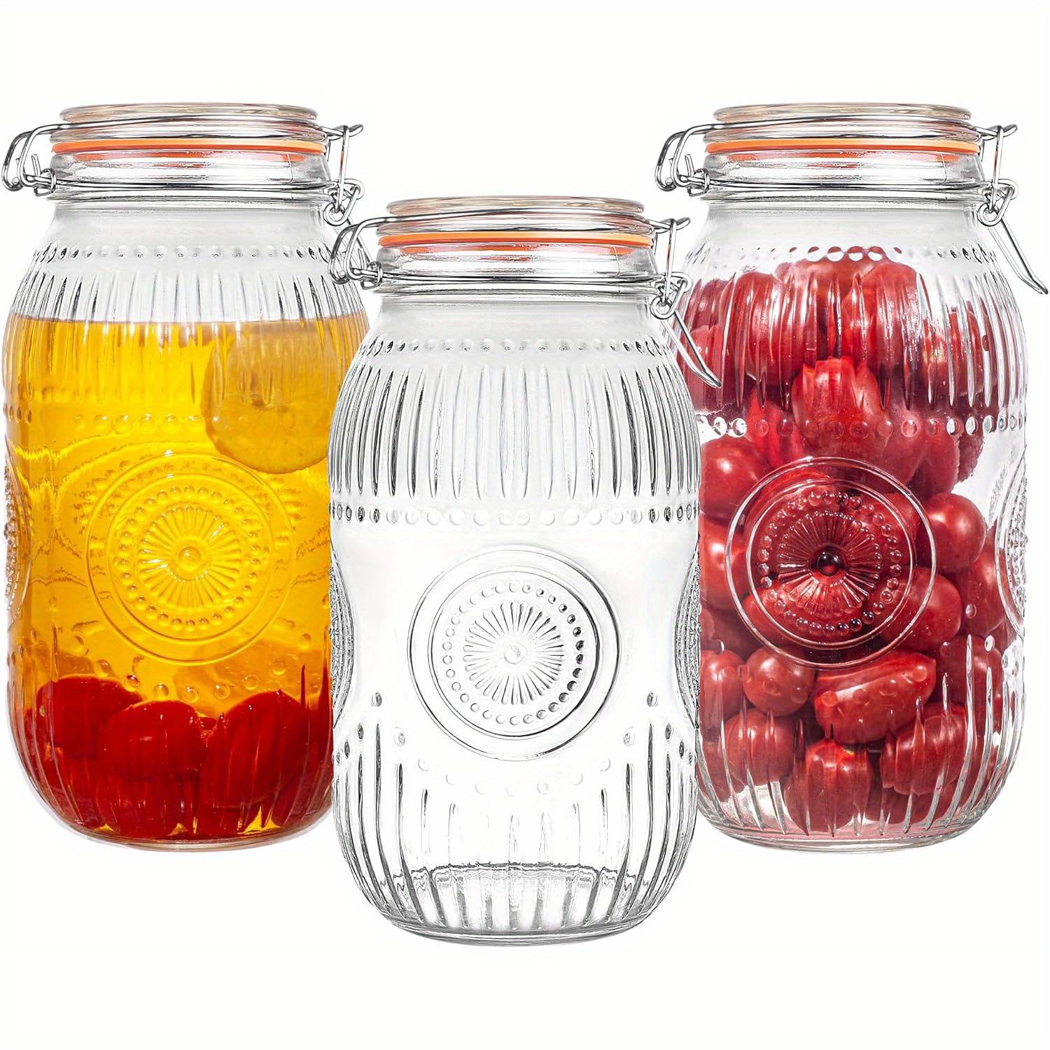3pcs Wide Mouth Vintage Mason Jars With Airtight Hinged Lids - Heavy-duty 64oz/ 2 Quart Canisters, Pantry Storage Jars For Coffee, Sugar, Beans, Pickles, Dry - Lid And Reusable Kitchen Containers