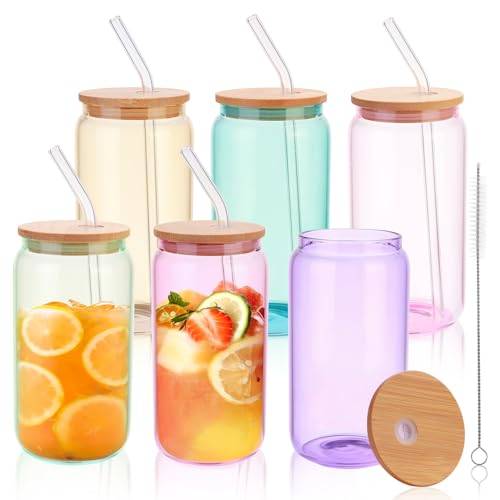 OELZWVN 6 Stycken Glas Med Lock Och Sugrör, 6 Färger, 550 ml Dricksglas Med Lock, Bubble Tekopp, Smoothie-Glas för Dricksglas i Burksform, Iced Coffee, Cocktails