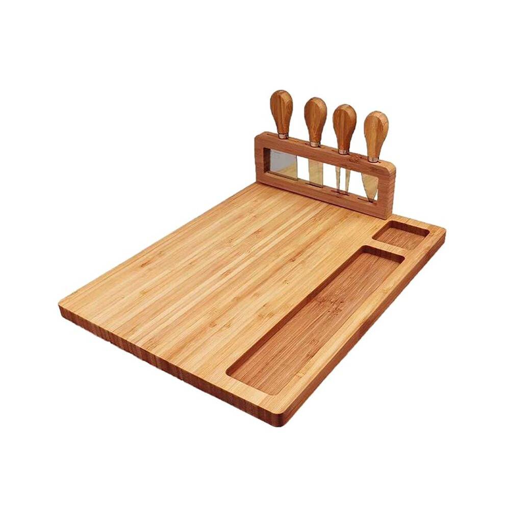 Bamboo Cheese Board with 4 Knives Chopping Board Set for Weddings, Birthdays, Christmas Kitchen Wooden Chopping Board