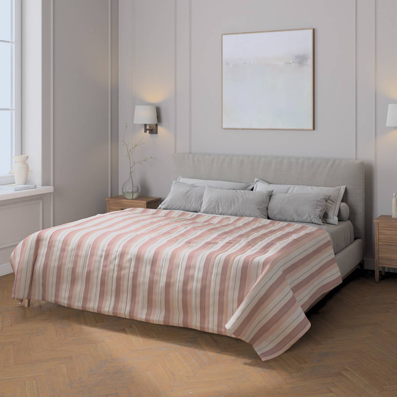 Sengetæppe quiltet<br/>10cm striber, Naturhvid, rød og laks, Vibes
