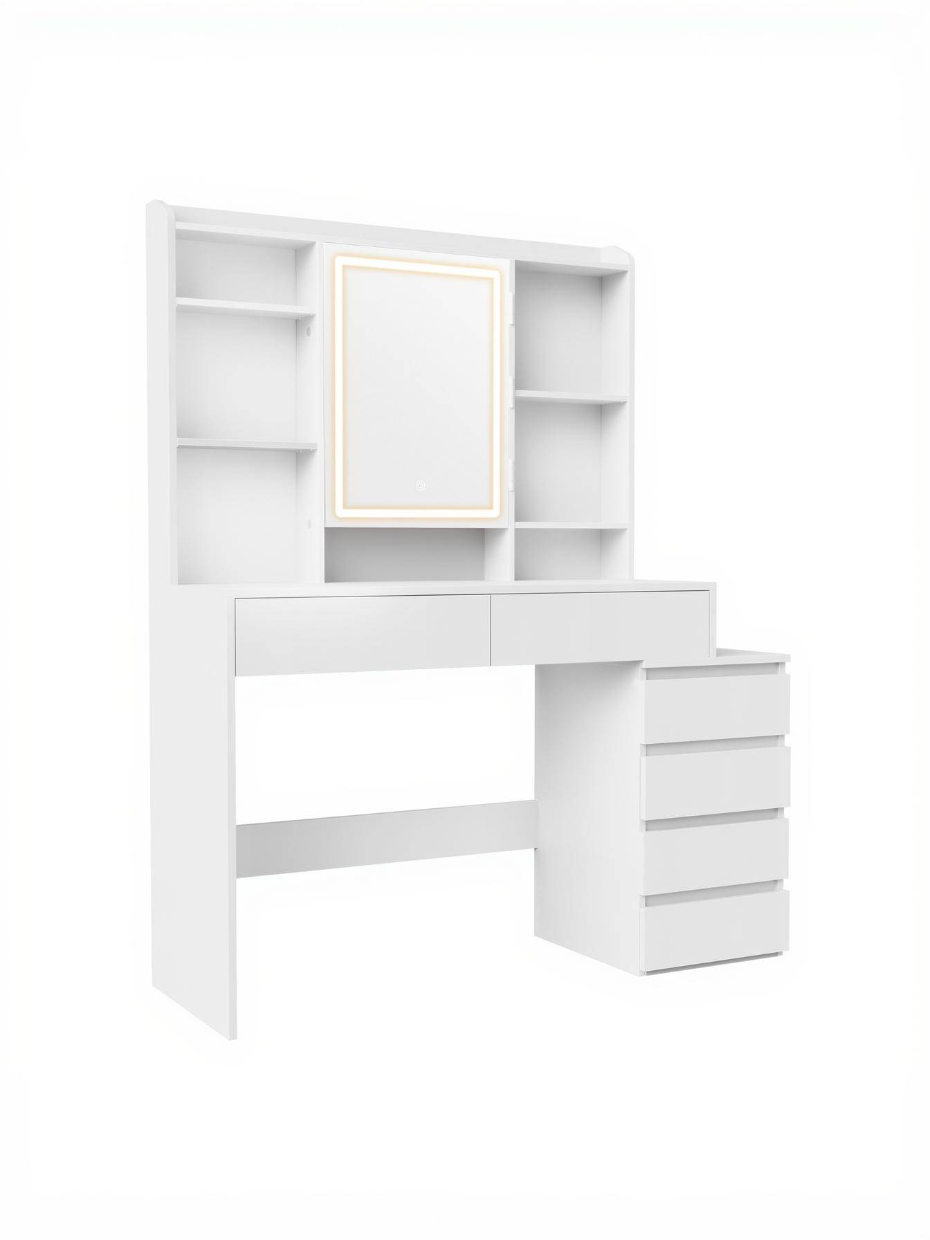 Makeupbord med LED-spejl - 40 × 98,3 × 145 cm, moderne toiletbord med skuffer, åbne rum og justerbare hylder - Cloud White