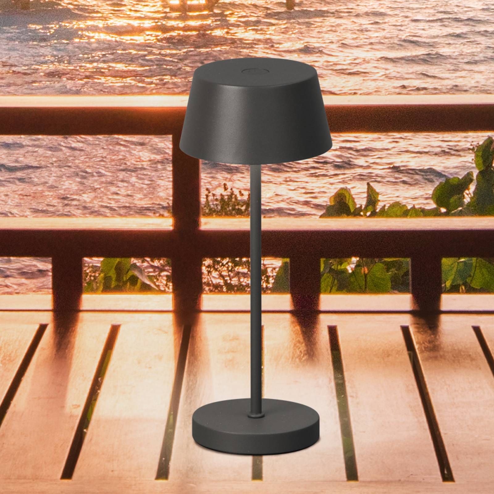 FH Lighting LED-batteridriven bordslampa Sienna Pro, sandgrå, 24 cm, metall IP54 dimbar, Aluminium / grå / zink, Metall, Modern
