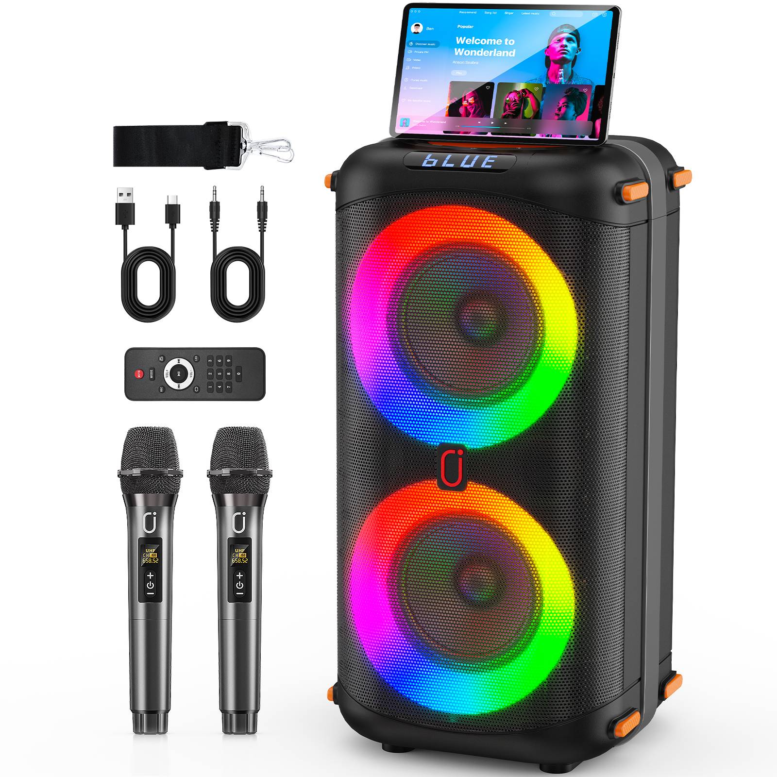 T27-T Karaoke Speaker with 2 Wireless Microphones, Powerful Sound with Deep Bass, 360° DJ Lights, Compatible with USB/TF/AUX