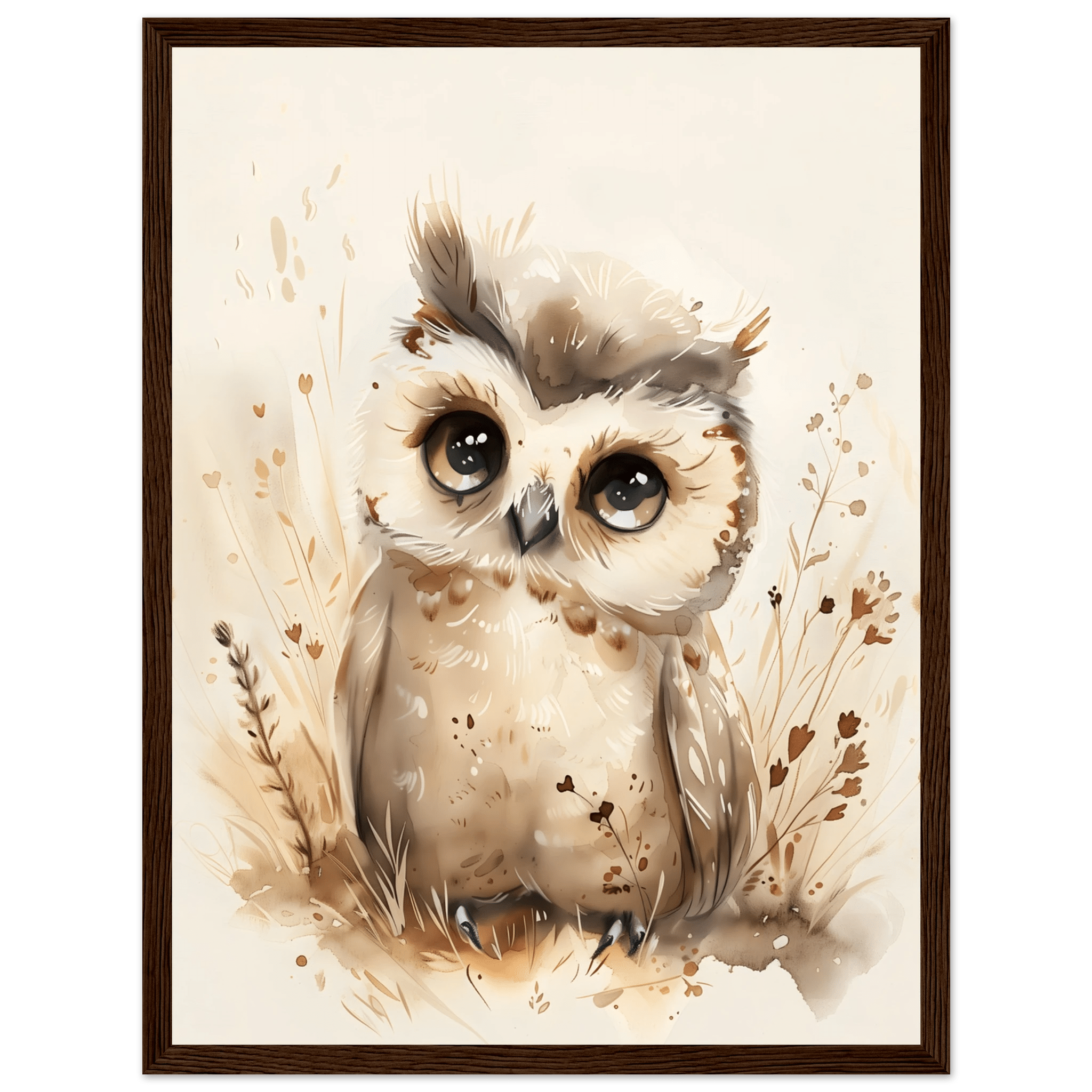 Söt uggla poster-30x40 cm / 12x16″ / Med ram / Mörkt trä