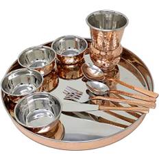 PR INTERNATIONAL servis koppar traditionell middags set med thalitallrik, skålar, gaffel, glassked och serveringssked, diameter 33 cm rostfritt stål kopparvaror thali-set