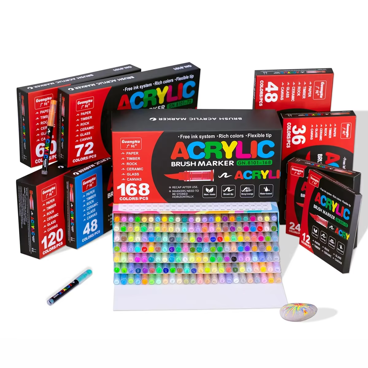 Guangna Acrylic Paint Markers Brush Tip, 12~168 Vivid Colors with Direct-Liquid Ink Control System, Professional-Grade Paint Pen for Rock Painting, Canvas, Glass, Plastic, Fabric & Creative Crafts