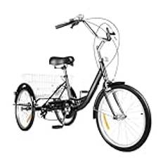 20/24 tums trehjuling för vuxna, 3-hjuls, 8-växlad seniorcykel, 3-hjuls med shoppingkorg, cykel med inköpskorg, cargocykel för vuxna seniorer och kvinnor, justerbar höjd (20 tum) svart)