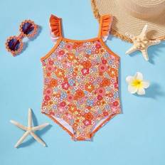 Baby flicka söta blommiga tryck keps ärm One-Piece Baddräkt, sommar - Orange (6-9M,9-12M,12-18M,18-24M,2-3Y)