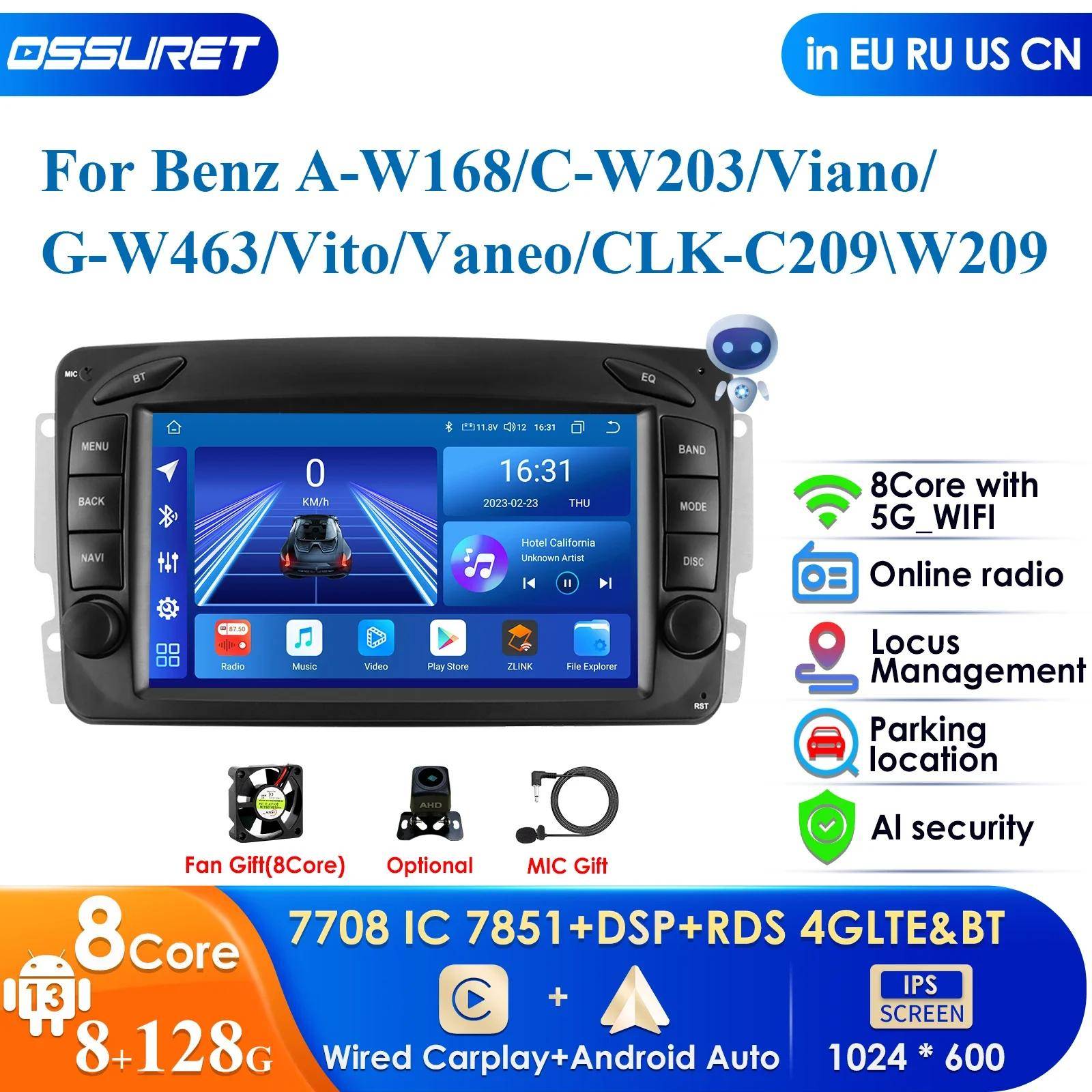 Ossuret 7  Intelligent AI System Wireless CarPlay Android Auto Radio for Mercedes Benz CLK W209 W203 W463 W208 4G Car Multimedia GPS 2din Autoradio