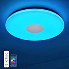 JDONG Bluetooth-taklampa 54W diameter 50 cm LED-taklampa med högtalare, fjärrkontroll och appkontroll, RGB-färgändring, dimbar, vitt brus，Lämplig för badrumsrum och vardagsrum