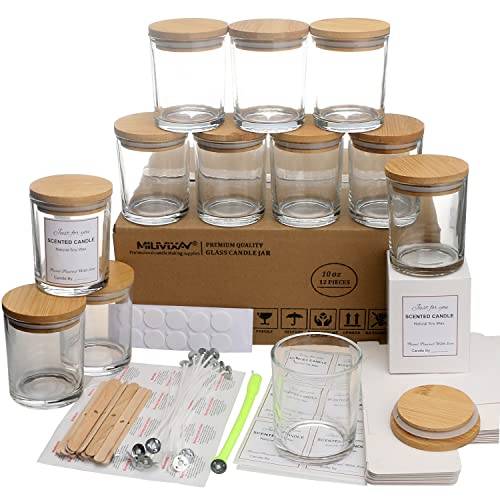 MILIVIXAY Ljustillverkningssats, 12-pack genomskinliga glasburkar med lock, burkar som rymmer 295 ml, bulk, tomma ljusburkar för ljusstöpning, behållare för kryddor och pulver