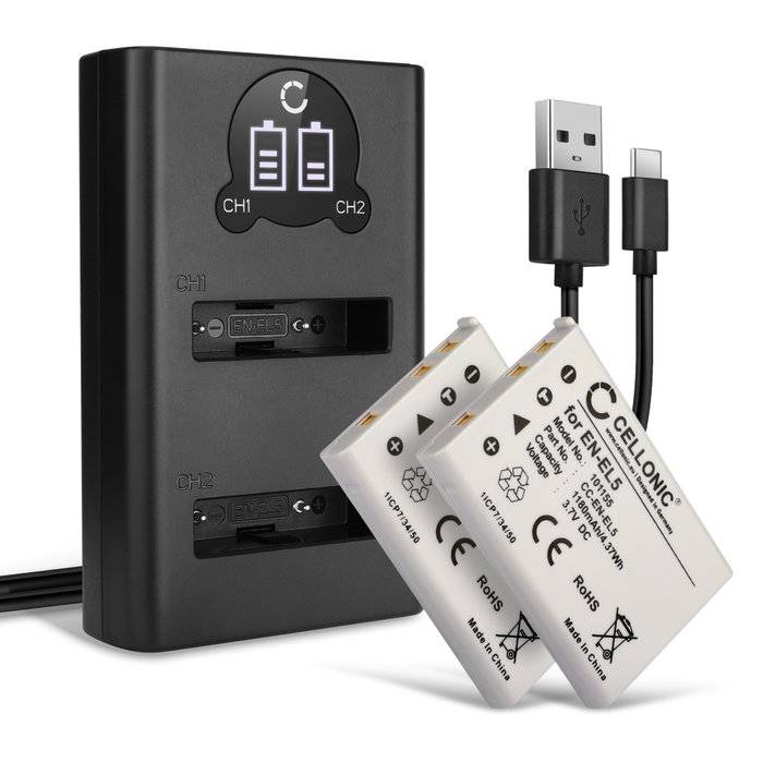 Dubbelladdare plus 2x Ersättningsbatteri Nikon EN-EL5 för Nikon Coolpix P510, Nikon Coolpix P520, Nikon Coolpix 4200, Nikon Coolpix 5200, Nikon Coolpix P500 mfl. - Två stycken kamerabatteri med hög kapacitet 1180mAh och lång batteritid, inkl. laddare med