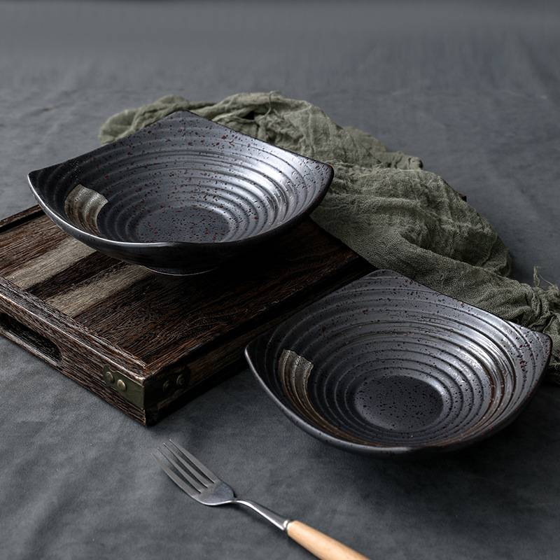 LingAo-Retro Black and Gold Series Ceramic Plate, Tableware, Dessert, Pasta, Fruit Salad Bowl