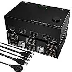 HDMI KVM 2X2-switchar, 2-portars HDMI KVM-switch Dual Monitor 4K 30Hz, HDCP 2.0 för 2 Datorer Dela USB-tangentbord Musbildskärm KVM-konverterare, Plug and Play