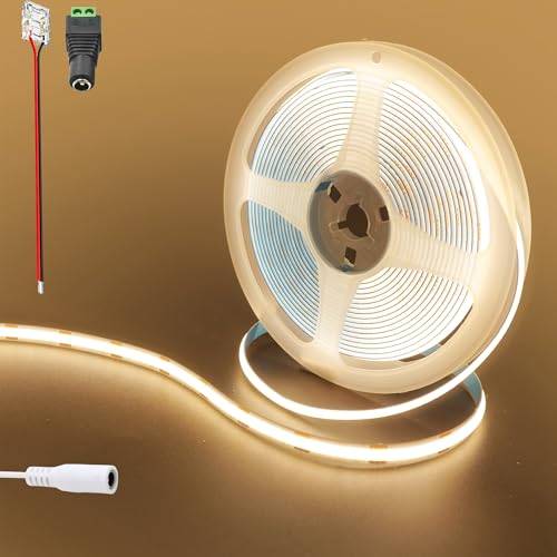 Clearhill 12V COB 480LED Strip Lights, 9,84FT/3M (ingen nätaggregat), varmvit 3000K, 1440LED, med 5521DC honkontakter, 8mm bredd, IP20, för DIY heminredning