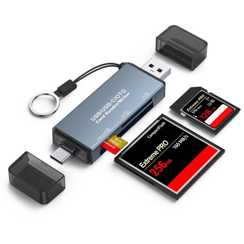 2-i-1 Kortlæser med USB-C & USB 3.0. USB/USB-C/OTG til CF, SD & MicroSD Kort.