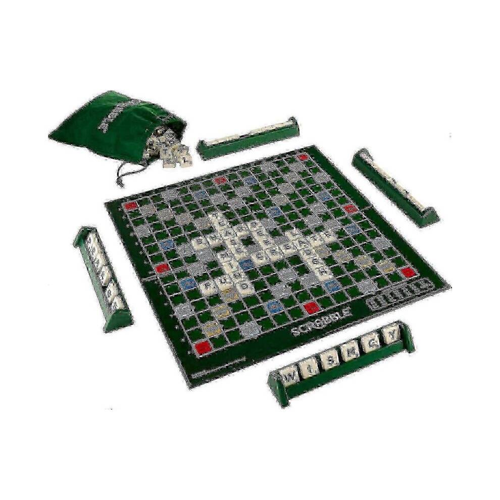 Et luksuriøst Scrabble-spil for 2 til 4 spillere med et bræt, der låser brikkerne på plads.