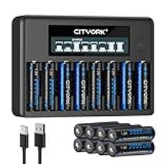 CITYORK Batteriladdare med 16 x 3 000 mAh AA-batteri, för AA, AAA NI-MH uppladdningsbara batterier, 8-korts LCD-display batteriladdare set